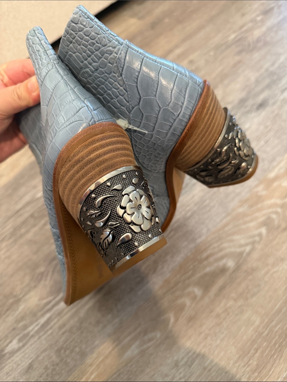 Gianni Bini Gray Croc-Embossed Ankle Booties with Decorative Block Heel - Picture 5 of 10
